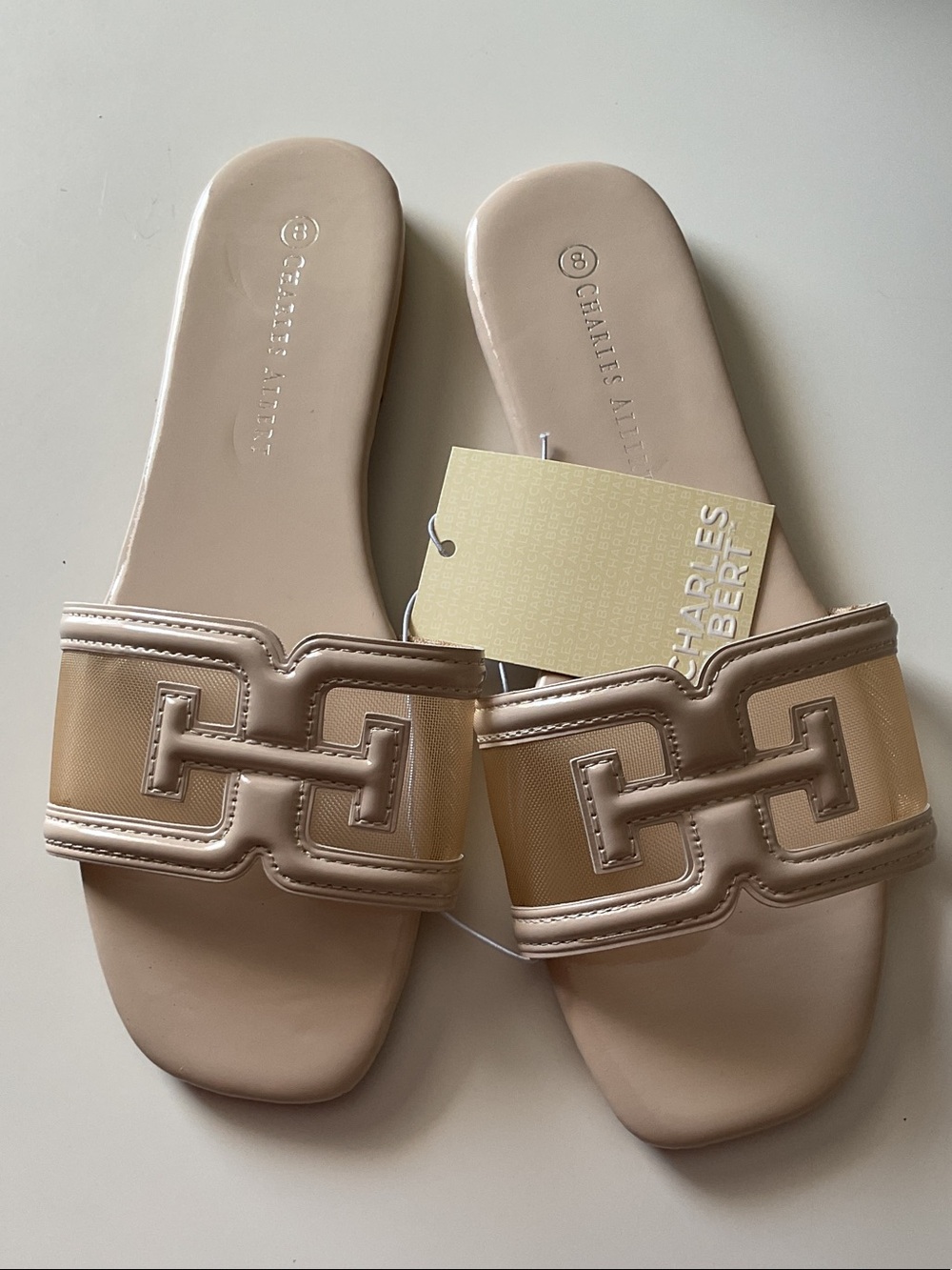 Charles Albert Beige Slide Sandals with Signature Cutout
